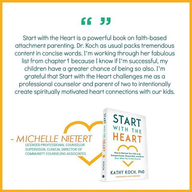 MichelleNietert's tweet photo. Super excited about @celebratekidskathykoch ‘s new parenting book Start with the Heart releasing this week. Parents and counselors alike will benefit from this faith based attachment parenting resource. #counselorthoughts #professionalcounselor #attachme… https://t.co/Kz0ay6X0u9 https://t.co/WmPb8Ccfgn