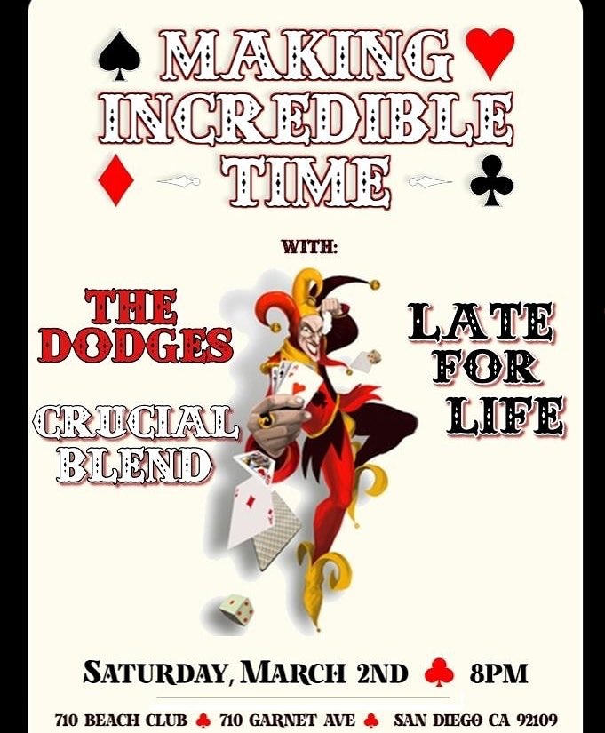 TONIGHT! LET’S DO THIS SAN DIEGO! Come join us <a href="/710BeachClubPB/">710 Beach Club</a> with our friends <a href="/thedodgesband/">The Dodges</a> <a href="/CrucialBlend/">Crucial Blend</a> and <a href="/LateForLife/">Jouissance Kebob</a>. You DO NOT want to miss this one. <a href="/sandiegopunk/">San Diego Punk</a> <a href="/SDPunk/">SanDiegoPunk.com</a> #sandiego #LiveMusic #RockAndRoll