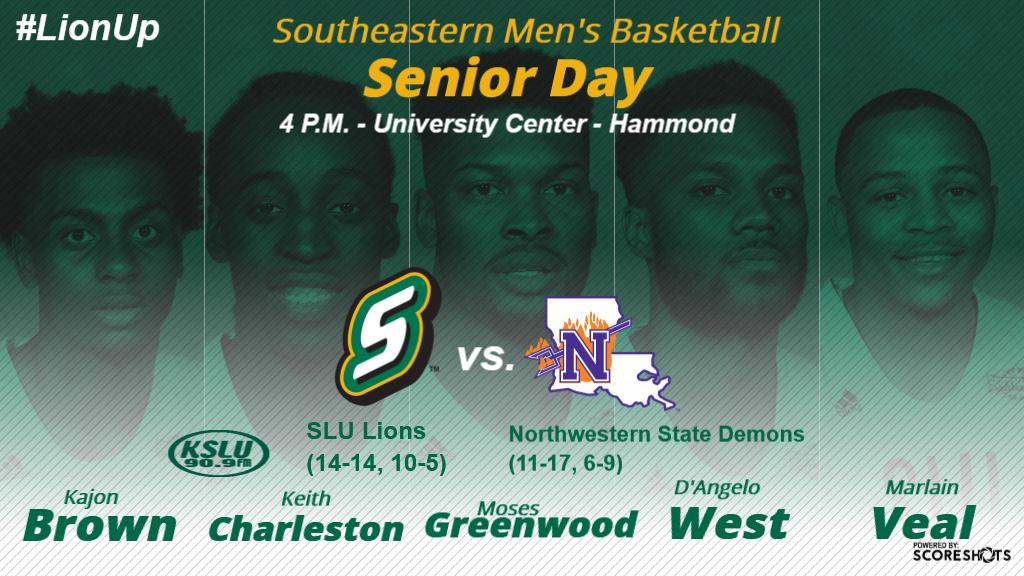 LionUpAthletics's tweet photo. MBB: @SLU_Hoops to Host Northwestern State for Senior Day. Lions to honor seniors Marlain Veal, Moses Greenwood, Keith Charleston, D'Angelo West and Kajon Brown in pre-game ceremony at approximately 3:20 p.m. https://t.co/ggmVyNSn6p
