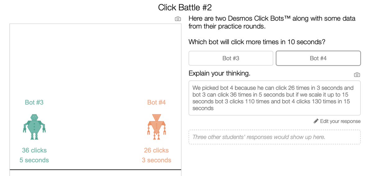 JenBrownEdu's tweet image. #MFM1P Ss were very engaged in @Desmos #ClickBattle activity as an introduction to unit rates.  Ss used both unit rates and scaling up ratio strategies to determine which bot won.  Out fastest clicker got 135 cps! Can your class beat that? #ChallengeIsOn #TVDSBMath