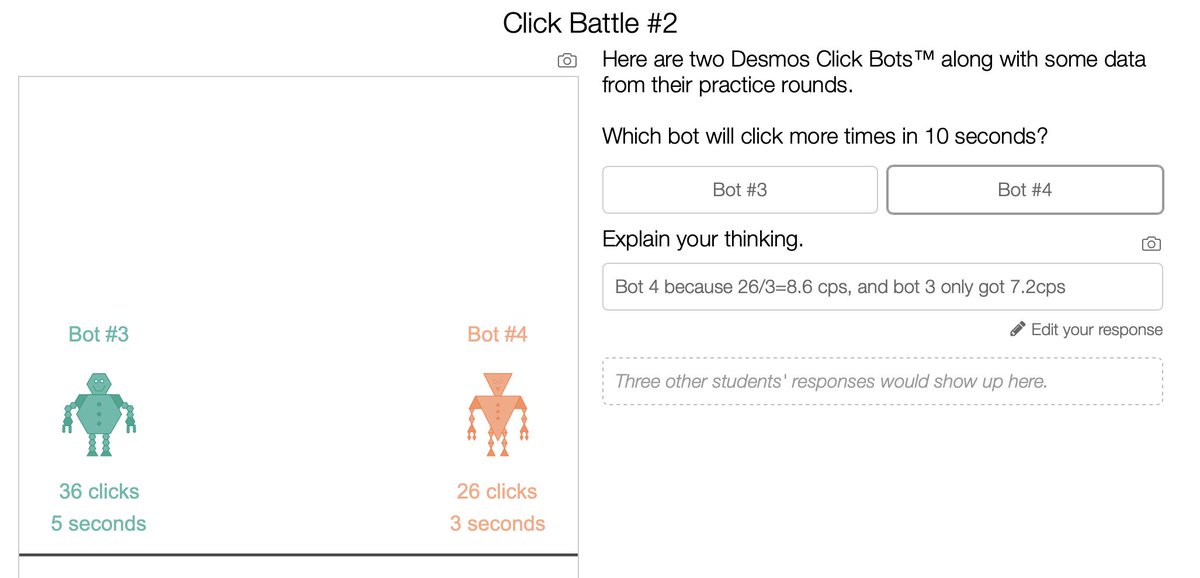 JenBrownEdu's tweet image. #MFM1P Ss were very engaged in @Desmos #ClickBattle activity as an introduction to unit rates.  Ss used both unit rates and scaling up ratio strategies to determine which bot won.  Out fastest clicker got 135 cps! Can your class beat that? #ChallengeIsOn #TVDSBMath