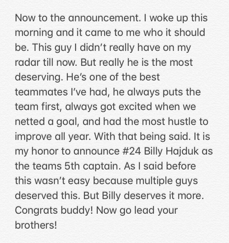 A statement from Jon Kreiser on the naming of a new captain is included in the post.