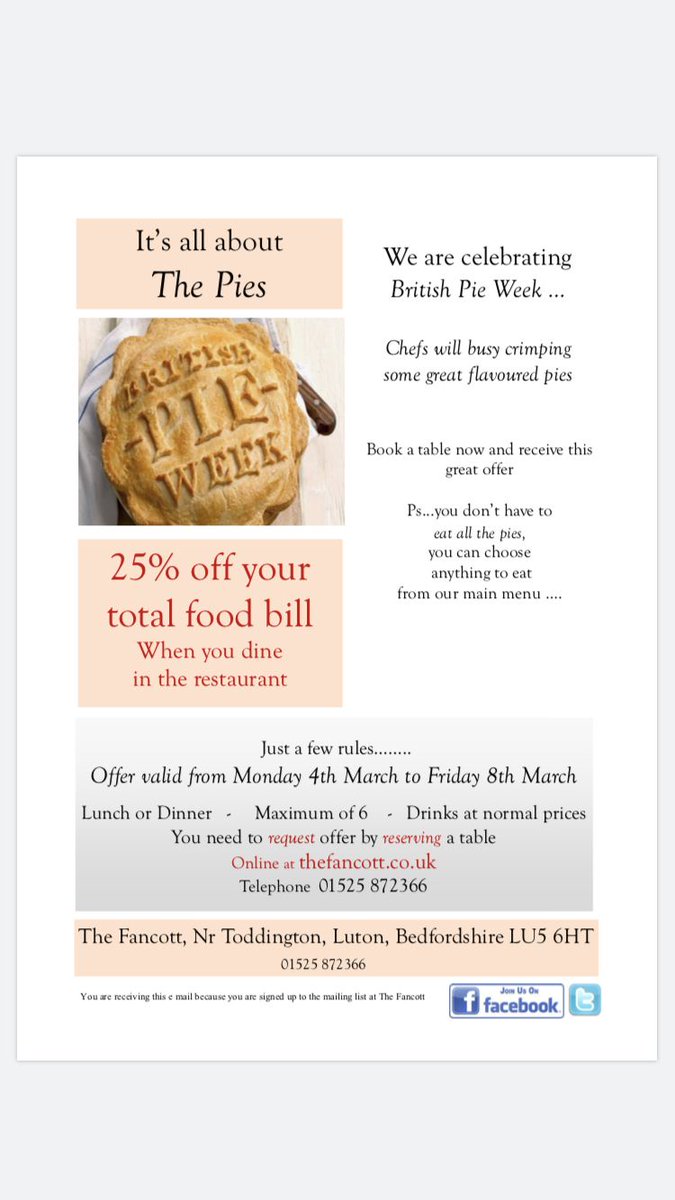 Come and celebrate British Pie Week with our fantastic range of tasty homemade pies🍽😍
.
AND get 25% off your food bill when you book online!🙌
.
👉 buff.ly/2yksTy9 👈
.
#thefancott #britishpieweek #pie #delicious #tasty #countrypub #food #drinks