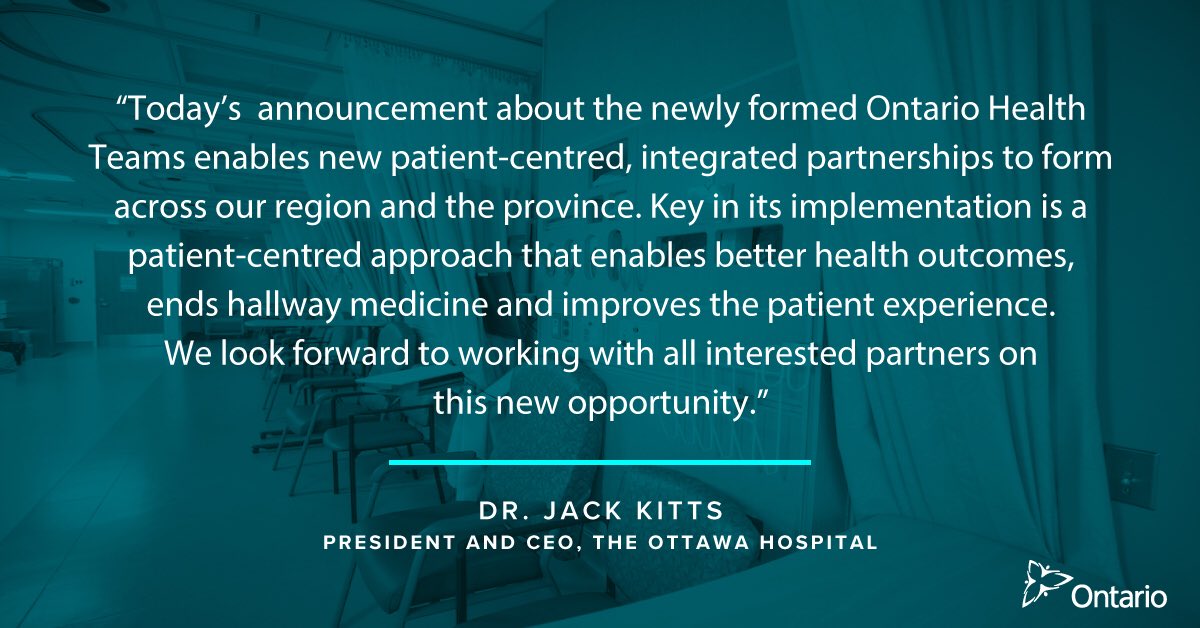 We will better coordinate the public health care system so it is organized around the patient. This will enable local teams of health care providers to know &amp; understand each patient’s needs and provide the high-quality connected care Ontarians deserve.