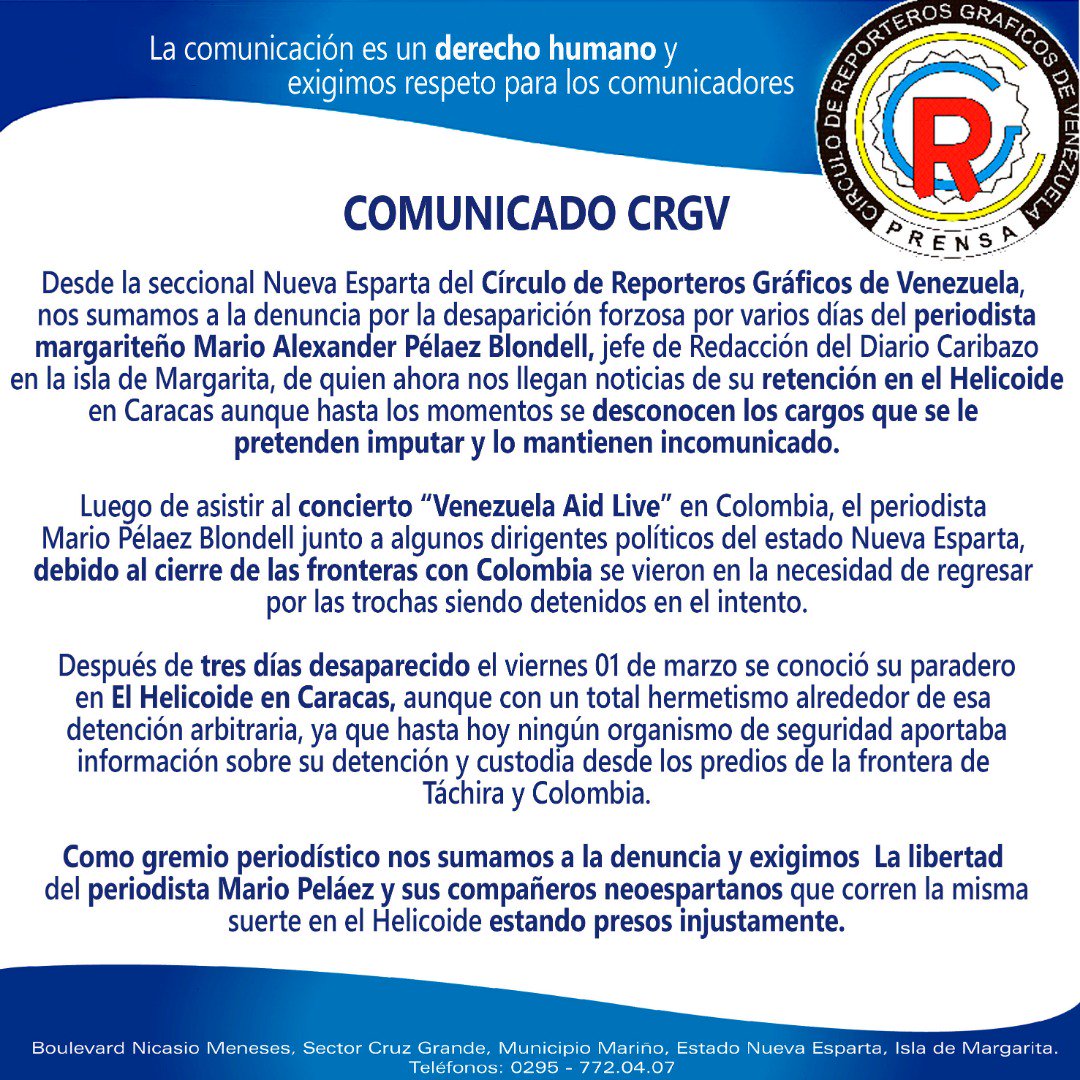 (((URGENTE))) El periodista Mario Alexander Pélaez Blondell jefe de redacción del @DiarioCaribazo aparece en #ElHelicoide despues de 3días desaparecido luego de asistir al concierto @VenezuelaAid #VenezuelaAidLive en la frontera #ColomboVenezolana @sntpvenezuela @cnpven @LDanieri