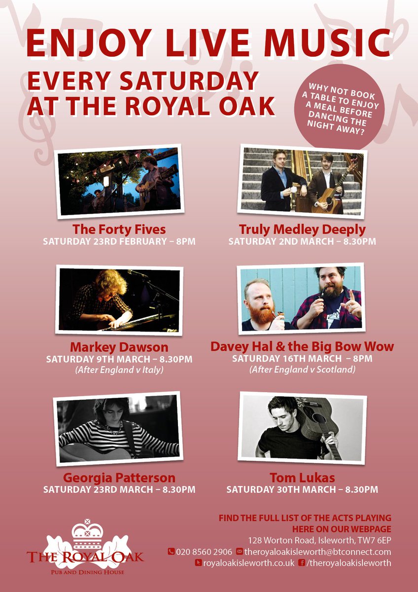 Royal Oak (@royaloaktw7) on Twitter photo Live Music every Saturday night! Don't miss Truly Medley Deeply playing live in the Bar tonight from 9pm. See you down here soon :) <a href="/OIFC1/">Old Isleworthians FC</a> Live Music every Saturday night! Don't miss Truly Medley Deeply playing live in the Bar tonight from 9pm. See you down here soon :) <a href="/OIFC1/">Old Isleworthians FC</a>