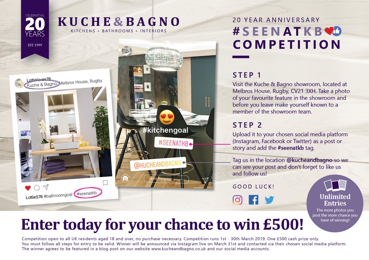 As part of our 20th anniversary celebrations we're giving you the chance to win £500! 

kucheandbagno.co.uk/post/march-mad…

You can enter as many times as you like, the more photos you post the more chance you have of winning - good luck! #seenatkb #bathroomgoals #kitchengoals