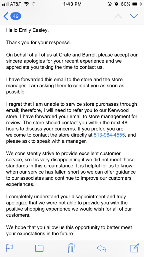 emilyleasley's tweet photo. I love getting two of the same emails from @CrateandBarrel and still not being any closer to getting a refund for an item I never received. How many times will I have to call the store before I get my money refunded? https://t.co/joEz05Elmt