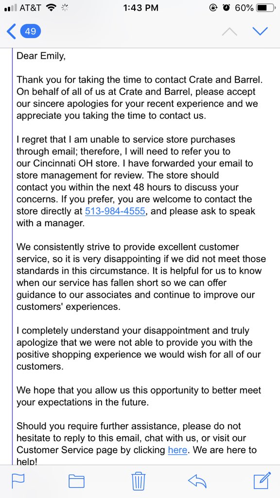 emilyleasley's tweet photo. I love getting two of the same emails from @CrateandBarrel and still not being any closer to getting a refund for an item I never received. How many times will I have to call the store before I get my money refunded? https://t.co/joEz05Elmt