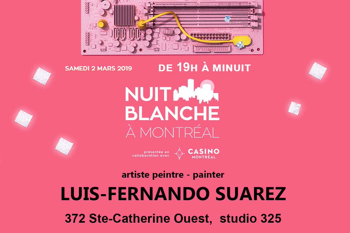 Montreal:  In the framework of La Nuit Blanche, my studio will be open. I invite you to come and observe my work closely and share experiences together. -- Welcome - 
@NuitblancheMTL #nbmtl #nuitblanchemtl #sutio #art #Montreal