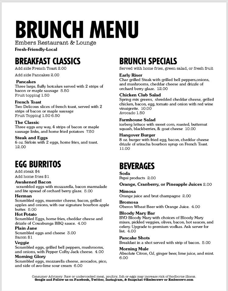 EmbersWv's tweet photo. We’re serving brunch until 4 today. Come see us!

$2 mimosas
$3 bloody mary
$4 breakfast burritos

#emberswv #brunch #morgantown https://t.co/95Vv7ky8qk