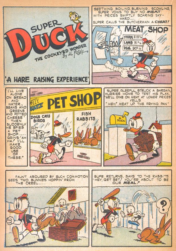  #comics  #delinquencyWertham misrepresents violence in a funny animal comic. "The duck yells 'No! I kill the parents. I am a hard guy and my heart is made of stone!" with a rabbit begging for mercy and the duck poised to kill him with a batHere's the 2 page Super Duck tale