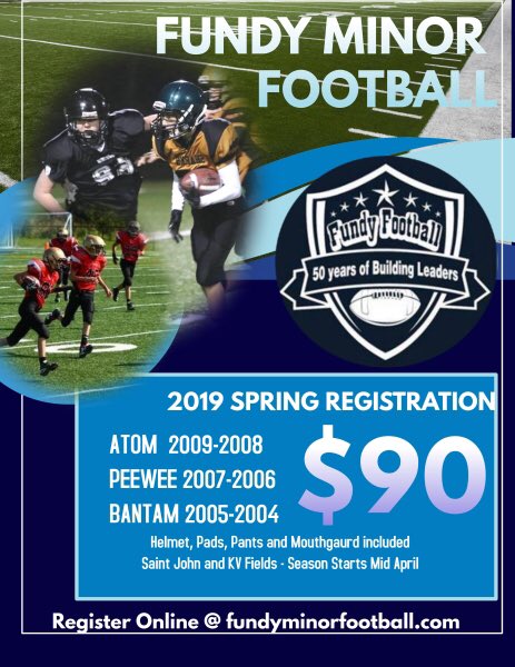FundyFootball's tweet photo. Atom–Peewee-Bantam Registration now open 4 all players
https://t.co/mhu4Lbg9q1
Spring Season runs from Mid April (Weather pending) to end of May 2019. Field Schedule &amp; Practice times will be available in early April. Participation required for Provincial High Performance programs https://t.co/yZrNhtY6bP