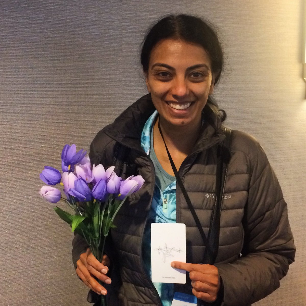 GratitudeBloom's tweet image. First #wisdom2 attendee to participate in our Gratitude Photo Booth! She picked the “Sweet Pea” wildcard, which she interpreted as Illumination!  What message of gratitude will you receive? Visit our booth near to find out &amp;amp; share your message w/#gratitudeblooming