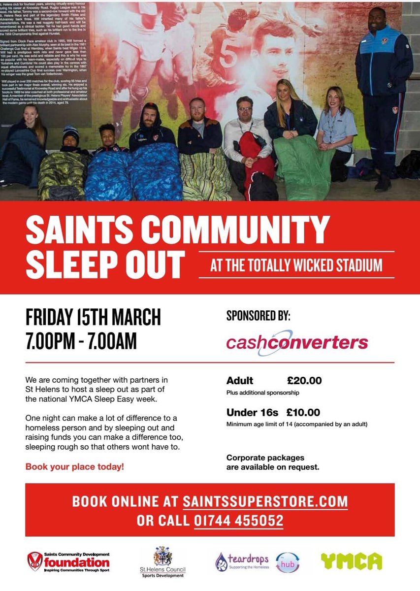 TeardropsOrgUK's tweet image. PLEASE RT!
It’s the #SaintsCommunitySleepout on 15th March! Do you know anyone who would like to support the #homeless in #StHelens by taking part? Age 14+, clubs, youth clubs or school groups? Register below or text a donation. TY. Hope to see you there! saintsrlfc.com/2019/01/30/sai…
