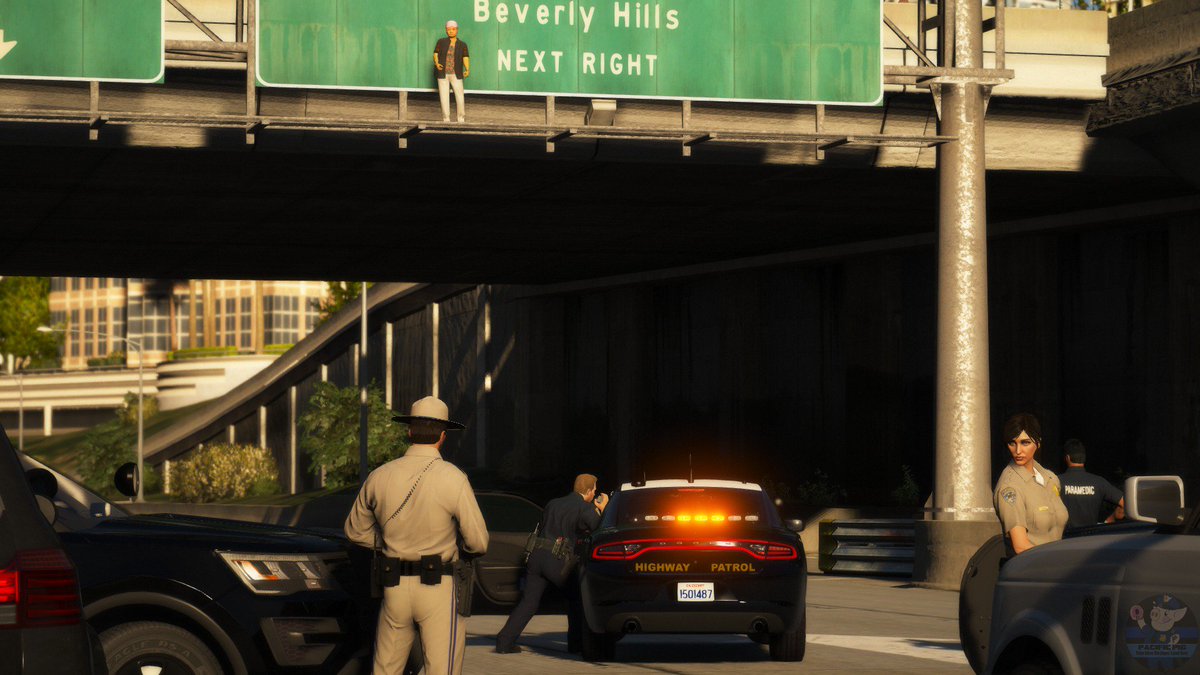 PacificPig's tweet photo. SAHP Officer uses loudspeaker to try to talk down crazy woman from freeway sign! #LSPDFR #LSPDFRroleplay #GTA5 #GTAV #GTA5Mods #thinblueline #PoliceCars #PoliceGame #GTAPolice #Cops #copcar #copgame #gtapolice #policeofficer #officer #lspdfrphotography #lspdfrscreenshots #CHP https://t.co/Yp7t7qNKO1
