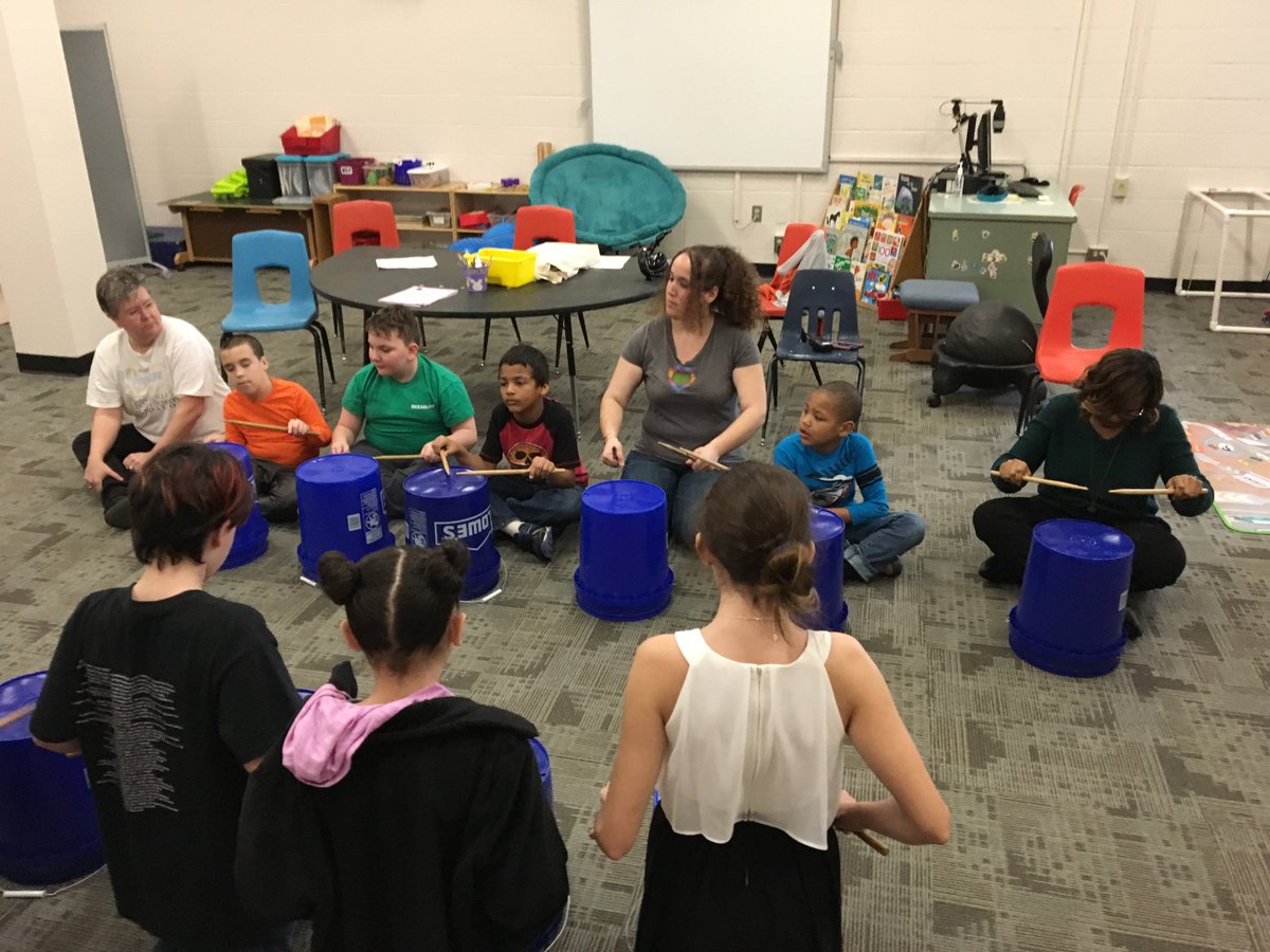 Drummin' with our Bucketeers!  Sooo much fun!  Thank you Musicworks students for  spending time with peers and teaching us some cool rhythms!
