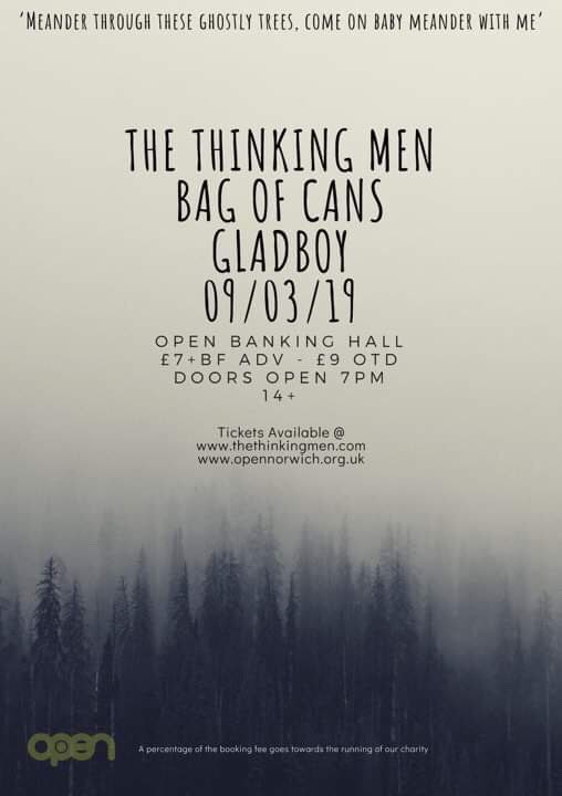 ONE WEEK TO GO!! This time next week doors will be open!! Make sure you don’t miss out. Make sure you grab your ticket from a band member or thethinkingmen.com or <a href="/opennorwich/">OPEN Norwich</a> website. #TheThinkingMen #TTM #Gig #OPEN  #BagOfCans #Gladboy #Excited #OneWeekToGo #GrabYourTicket