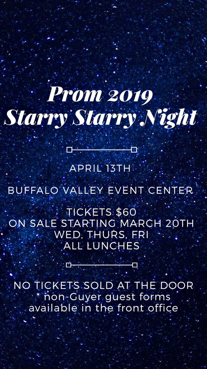 Prom season is upon us, and Guyer’s 2019 theme is Starry, Starry Night!Tickets go on sale beginning MARCH 20, so make sure to get yours to experience a magical night!✨🌙