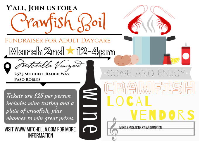 Come join us for our Crawfish Boil Fundraiser! We will not be having normal tastings but for $25 you can taste at 3 wineries and get a plate of crawfish! We look forward to seeing you today!