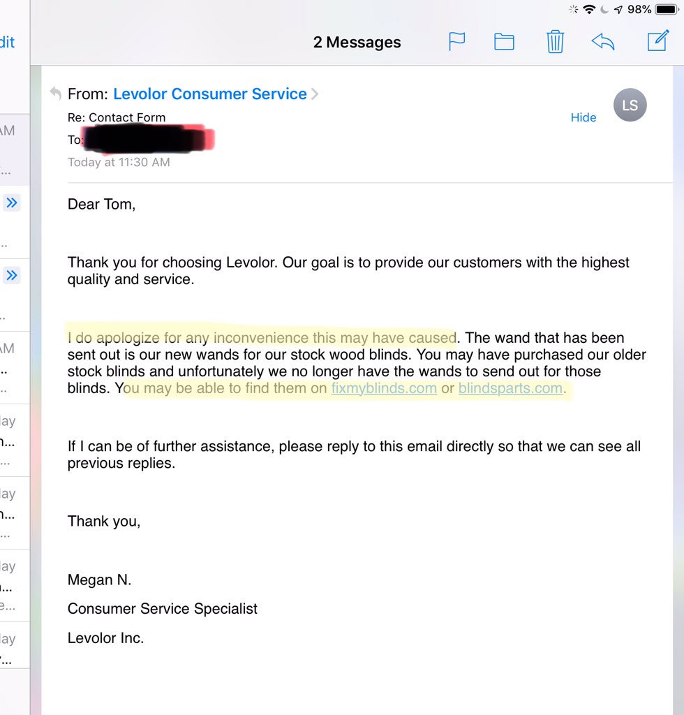 Levolor Shadetreenj Lowes I Responded To You Via Email I Have Been Waiting On Your Response I Would Be More Than Happy To Assist You In This Matter Just Trying