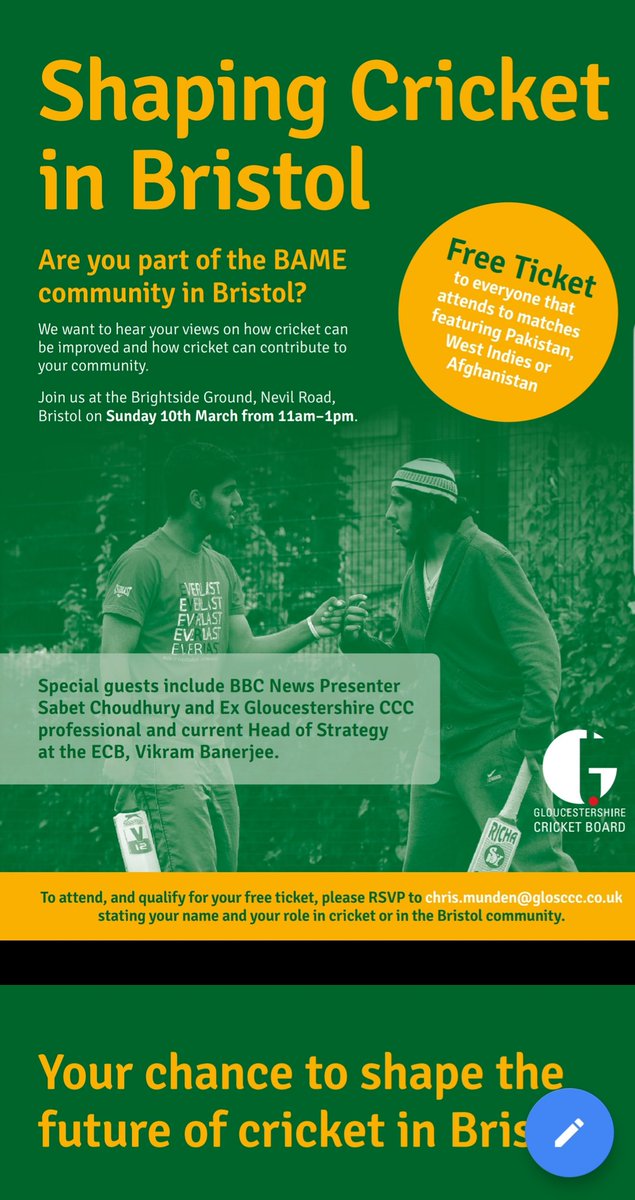 @BristolLive If anyone is interested in attending the Shaping Cricket in Bristol event, information is on the 📸 below. Fantastic to have @Sebchoudhury, @vikbanerjee and @marifdotme hosting and sharing their experiences. #AreYouIn #CWCTrophyTour #CWC19 #FREEticketFREEfood