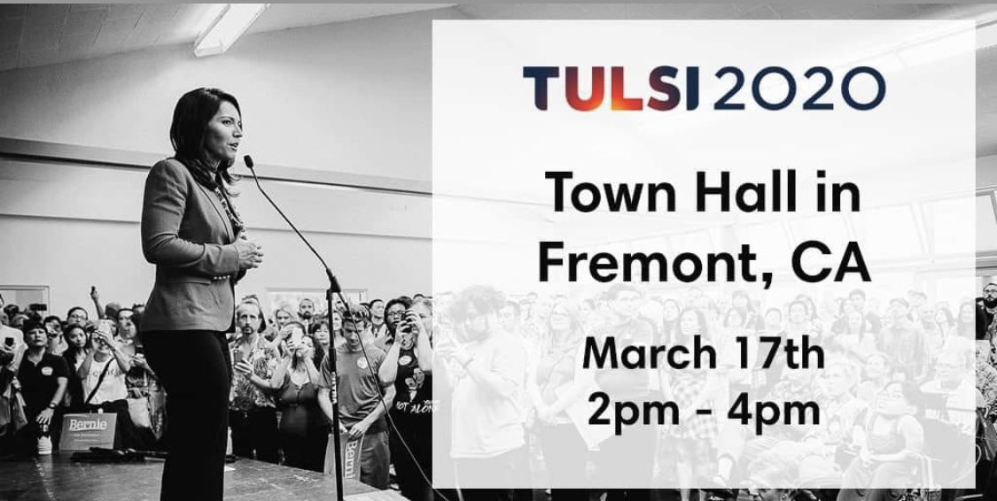 LaurenMicheleCA's tweet photo. Meet with @TulsiGabbard in Fremont, California. 
RSVP Here: 
https://t.co/0bbUFBC0fs

Please join us for a town hall with U.S. Member of Congress and presidential candidate Tulsi Gabbard.

Sunday, March 17th
2pm — 4pm
Royal Palace
6058 Stevenson Blvd,
Fremont, CA 94538
#Tulsi2020 https://t.co/bPaWREG6j7