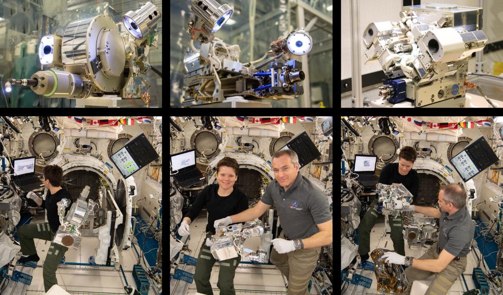 Astronauts Anne McClain and David Saint-Jacques pose with the corresponding RRM3 tools aboard the International Space Station.