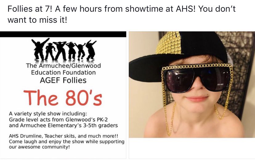 FOLLIES @ 7PM TONIGHT! <a href="/FloydCoSchools/">Floyd County Schools</a> @FloydCoSuper <a href="/GlenwoodPrimary/">Glenwood Primary School</a> <a href="/Armuchee_Elem/">Armuchee Elementary School</a> <a href="/ArmucheeMiddle/">Armuchee Middle</a> <a href="/ArmucheeHigh/">Armuchee High School</a> @ATribePRIDE