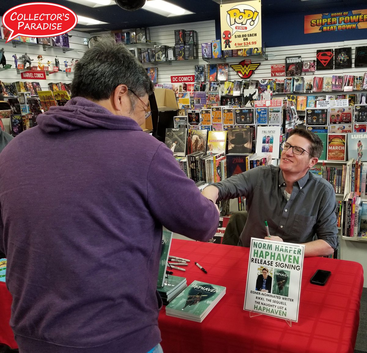 cparadize's tweet photo. Our Norm Harper signing is just starting out! Come by before 2pm and pick up a copy of his awesome new All Ages Graphic Novel #HAPHAVEN!
#CollectorsParadise #CPSigning #CPEvents #CPSignings #CPEvent https://t.co/yMB6A8mEaA