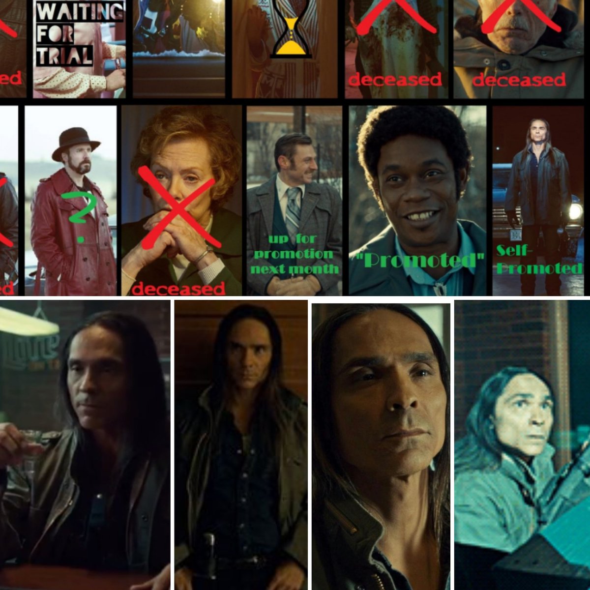 Patter5275's tweet photo. @Mags0908 @ZahnMcClarnon You betcha! 🚨spoilers in top frame. Note "self-promoted"--makes me smile in a very dark way. #HanzeeDent #Fargo2 #bingeworthy #Hulu #winterweekend #TribeZahn #ZahnMcClarnon @ZahnMcClarnon https://t.co/TlZsrnJCgQ
