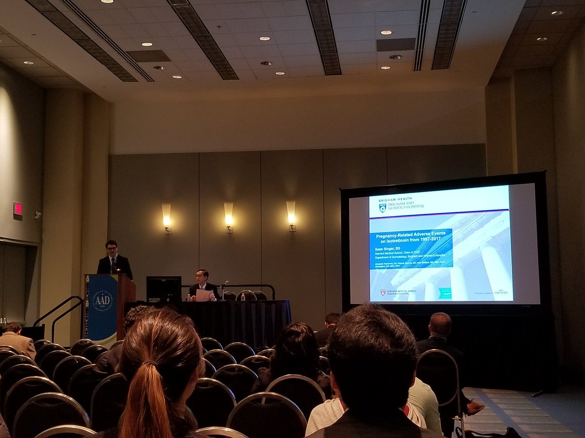 At #AAD2019 late breaking studies <a href="/SeanBSinger/">Sean Singer</a> from <a href="/harvardmed/">Harvard Medical School</a> presenting research on pregnancy reports in patients taking isotretinoin in the US. Collaboration between our group <a href="/BrighamWomens/">Brigham and Women's Hospital</a> with <a href="/DrJohnBarbieri/">John Barbieri, MD, MBA</a>