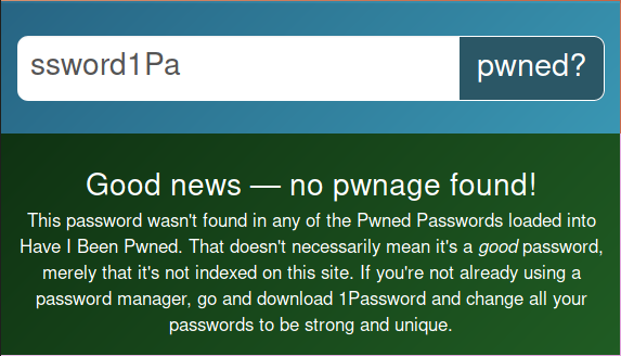 "ssword1Pa" isn't contained in any public breaches