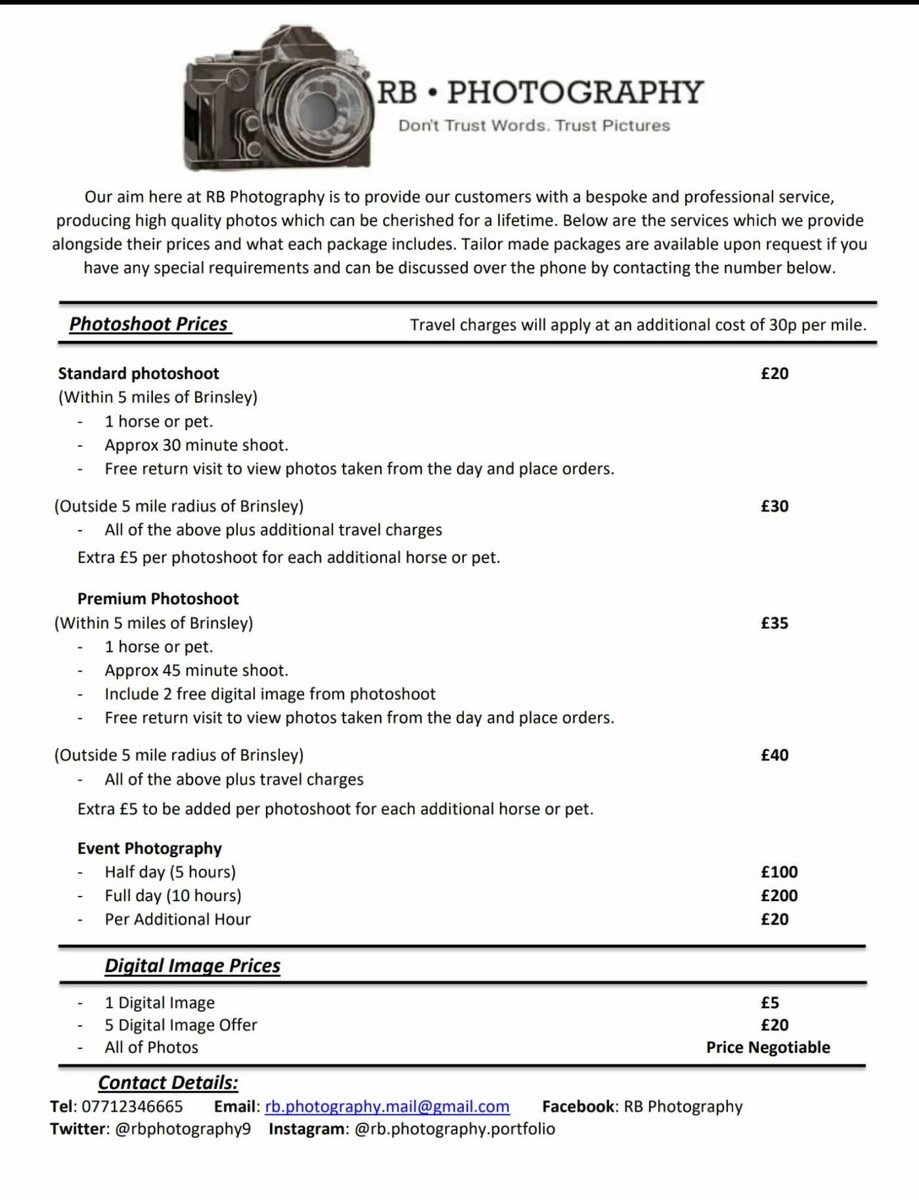 RBPhotography9's tweet image. Our new, updated and improved price list, documenting all of our packages with detailed descriptions of there contents. Dont forget, we are also offering tailor-made packages to meet all of your individual requirements!

Just get in contact to book or for any further details.