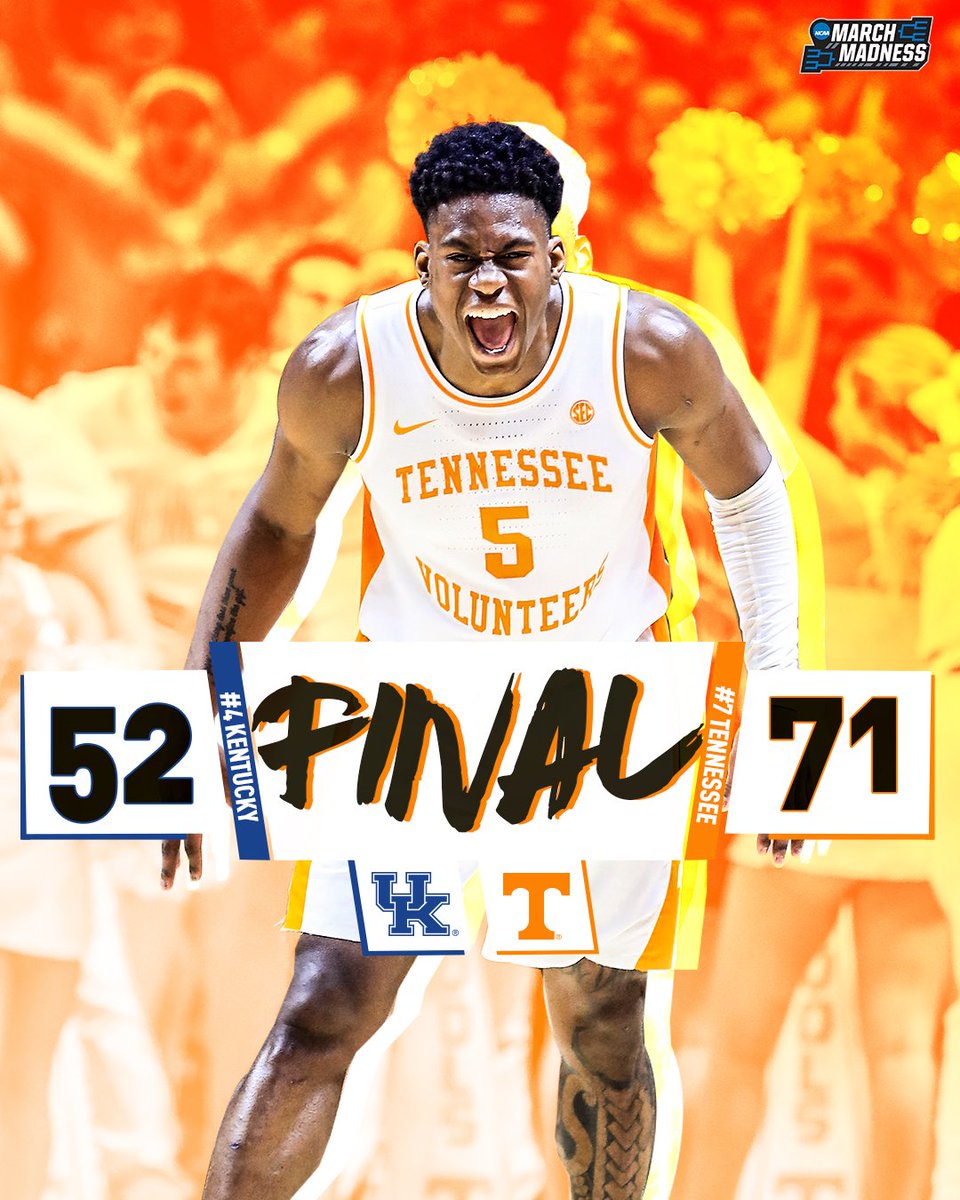 MarchMadnessMBB's tweet photo. REVENGE FOR THE VOLS!

No. 7 Tennessee gives No. 4 Kentucky a taste of their own medicine, blasting the Cats on Rocky Top! #GBO https://t.co/7LX8mbozPO