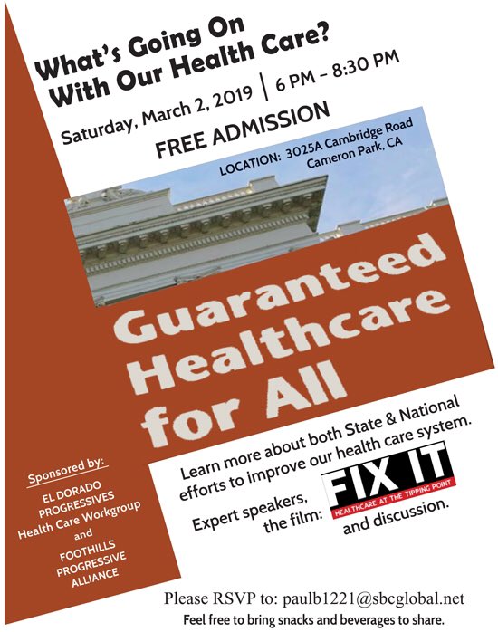 ElDoProgressive's tweet photo. It’s tonight at 6pm. Come learn what’s going on with our healthcare! #MedicareForAll #EDP #eldoradoprogressives #SinglePayer https://t.co/NiVZwJpGoG