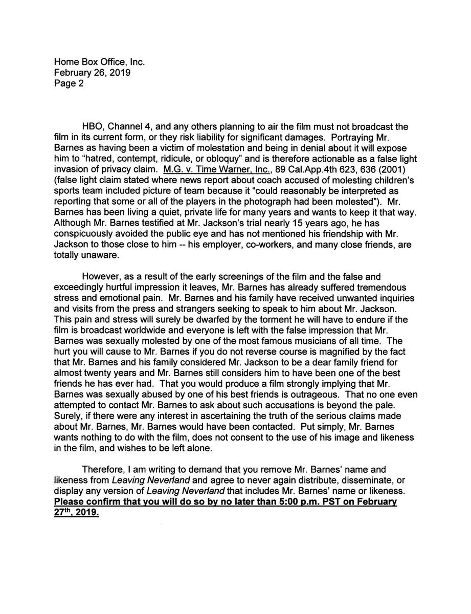 Brett Barnes attorneys: "...the film leaves viewers with the false impression that Mr. Barnes was in fact molested by Mr. Jackson and that Mr. Barnes is simply in denial."  #BrettBarnes  #waderobson  #jamessafechuck  #leavingneverland  #afterneverland  @hbo  @hbodocs  @oprah