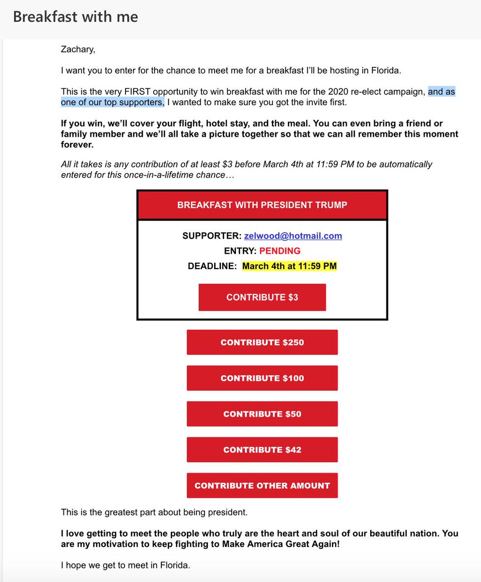 Latest Trump fundraising emails, where I& #39;m named one of Trump& #39;s top supporters, and Trump& #39;s approval rating is said to be 52%.
