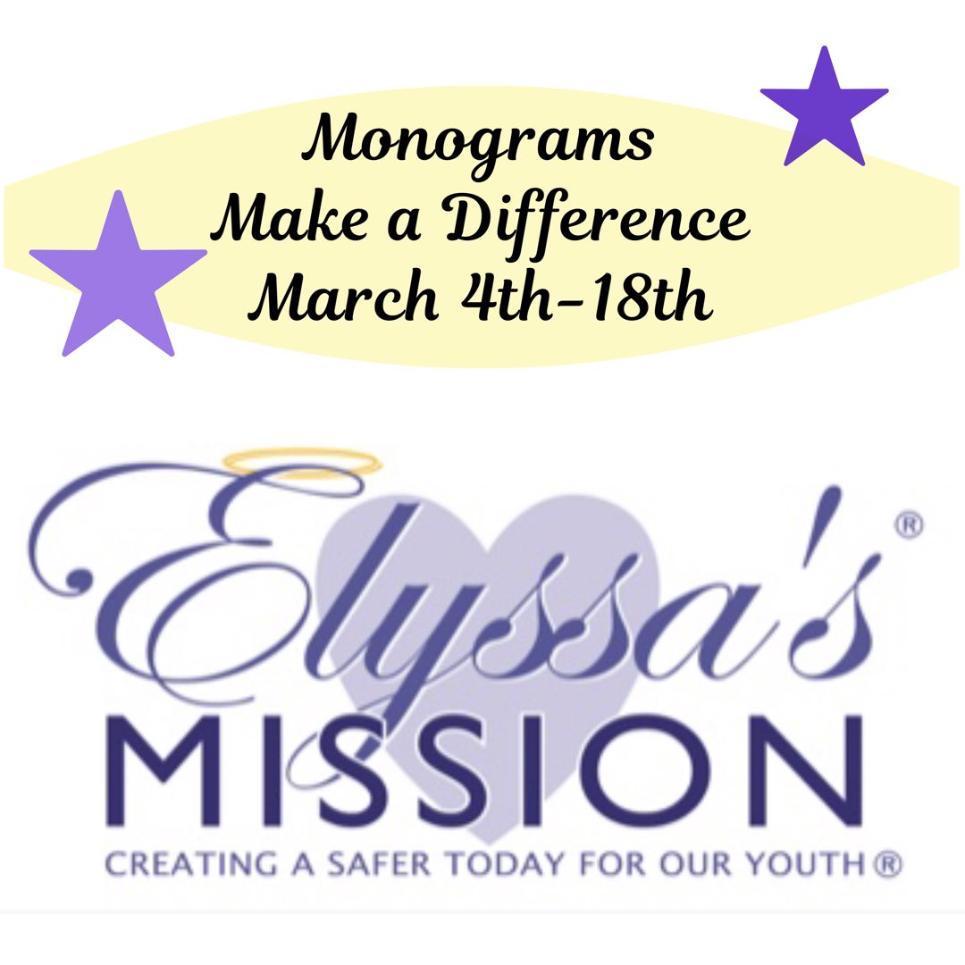 StitchingThis's tweet image. Elyssa’s Mission is an organization that provides resources to help prevent teen suicide. A percentage of all monogram orders placed from March 4th-18th will be donated to help support their efforts. @elyssasmission   #monograms #makeadifference