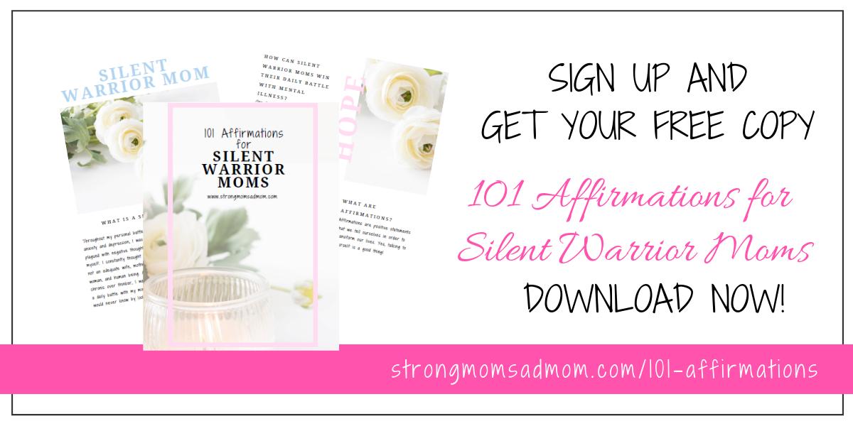StrongMomSadMom's tweet photo. Moms, don't let anxiety and depression rob you of your joy. You can change your mindset. You can be empowered. Daily affirmations can help you heal! Get "101 Affirmations for Silent Warrior Moms" today! https://t.co/IVqd0hkgzS https://t.co/WReEEppsSs