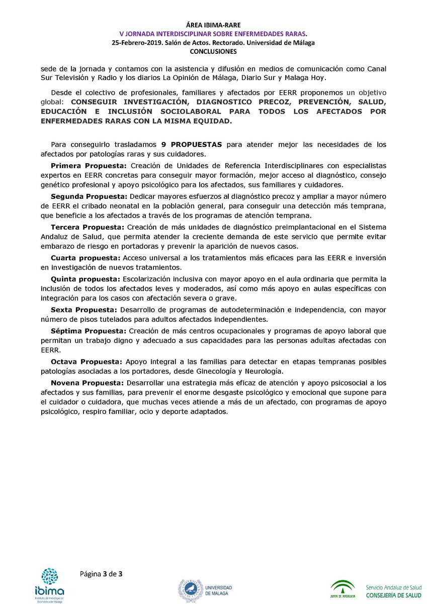 Conclusiones y reivindicaciones finales de la Jornada interdisciplinar sobre Enfermedades Raras, 2019. Organizada por el Área IBIMA-Rare