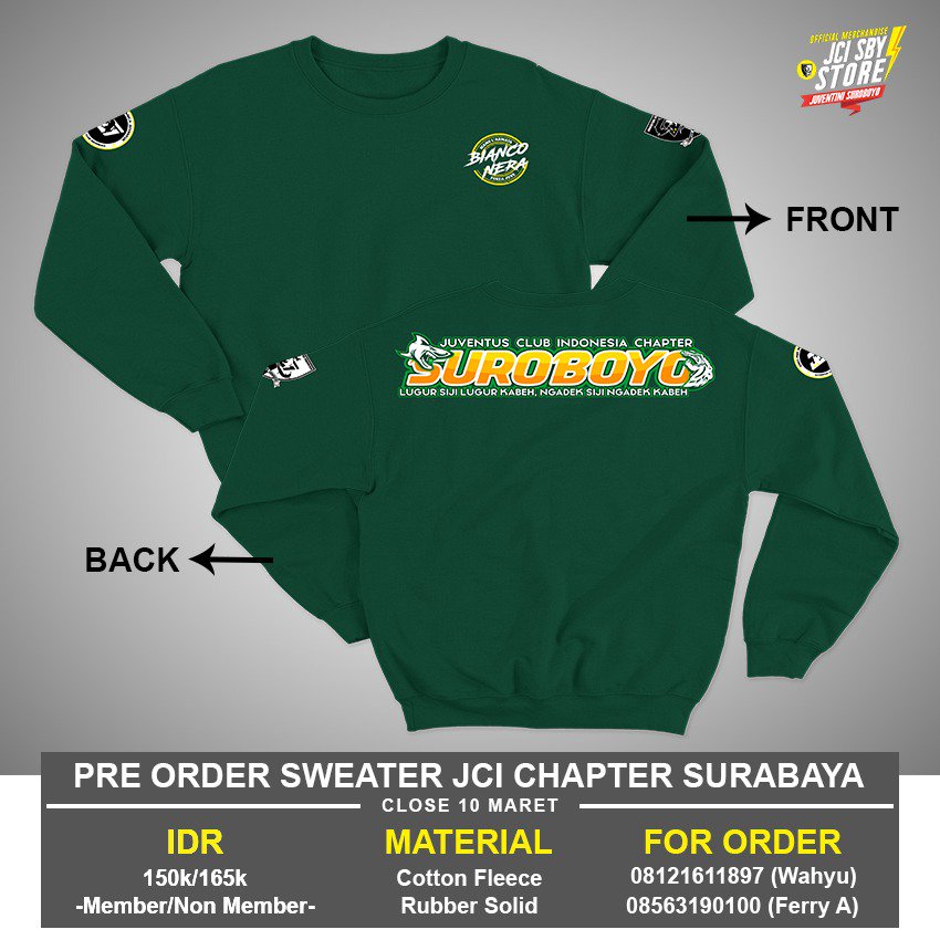 Seng pingin nambah koleksi rek !!!

Open Pre Order Sweater "SIAMO L'ARMATA" JCI Chapter Surabaya.

Close 10 Maret !!!

<a href="/JCIndonesia/">Juventini Indonesia</a> <a href="/JCI_store/">Official Merchandise Juventus Club Indonesia</a> <a href="/DonnaJCISBY/">Donna JCI Surabaya</a>