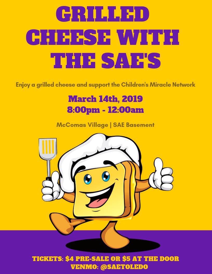 TOLEDOSAE's tweet photo. The best time of year is back, along with the best philanthropy dinner EVER!! #12DaysOfGrilledCheese is back!! Grilled cheese with the SAE’s is March 14, 8pm-12am!! https://t.co/DR4jJYNmWc