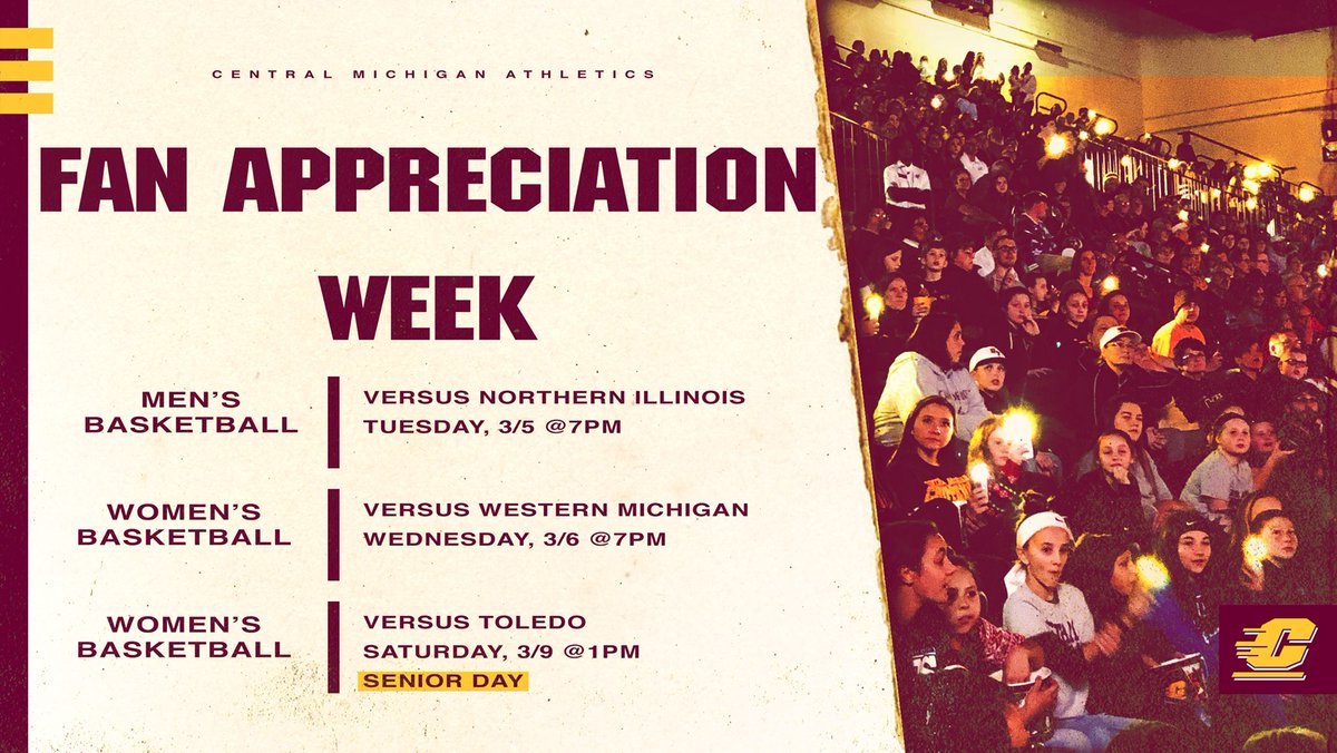 CMUAthletics's tweet photo. 🚨FAN APPRECIATION WEEK🚨

We have worked with @CoachKenoDavis and @CoachSueG to offer savings of over 50% on tickets to remaining @CMUMensBBall and @CMUWBBall regular season home games! 

🎟 links:

MBB - https://t.co/7Jirv01QHb
WBB - https://t.co/T9KM3kI4Cr

🔥☝️🏀 https://t.co/rVcbgOE42N