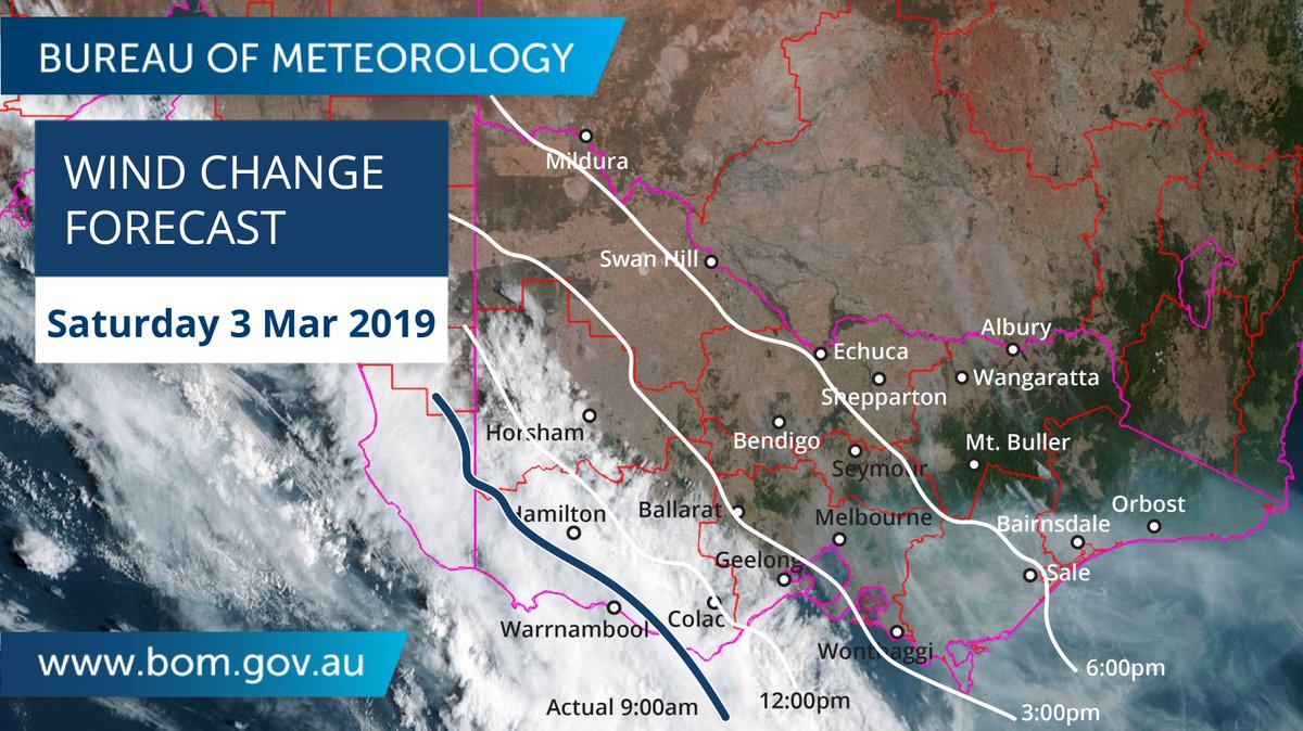 BOM_Vic's tweet photo. #WindChange forecast to come through #Victoria this afternoon but it will weaken; relief will only come with a second, stronger change forecast for this evening. Chance of thundery showers this afternoon. Stay up to date with #VicCoolChange #VicEmergency @vicemergency https://t.co/xIjnMY3gBD