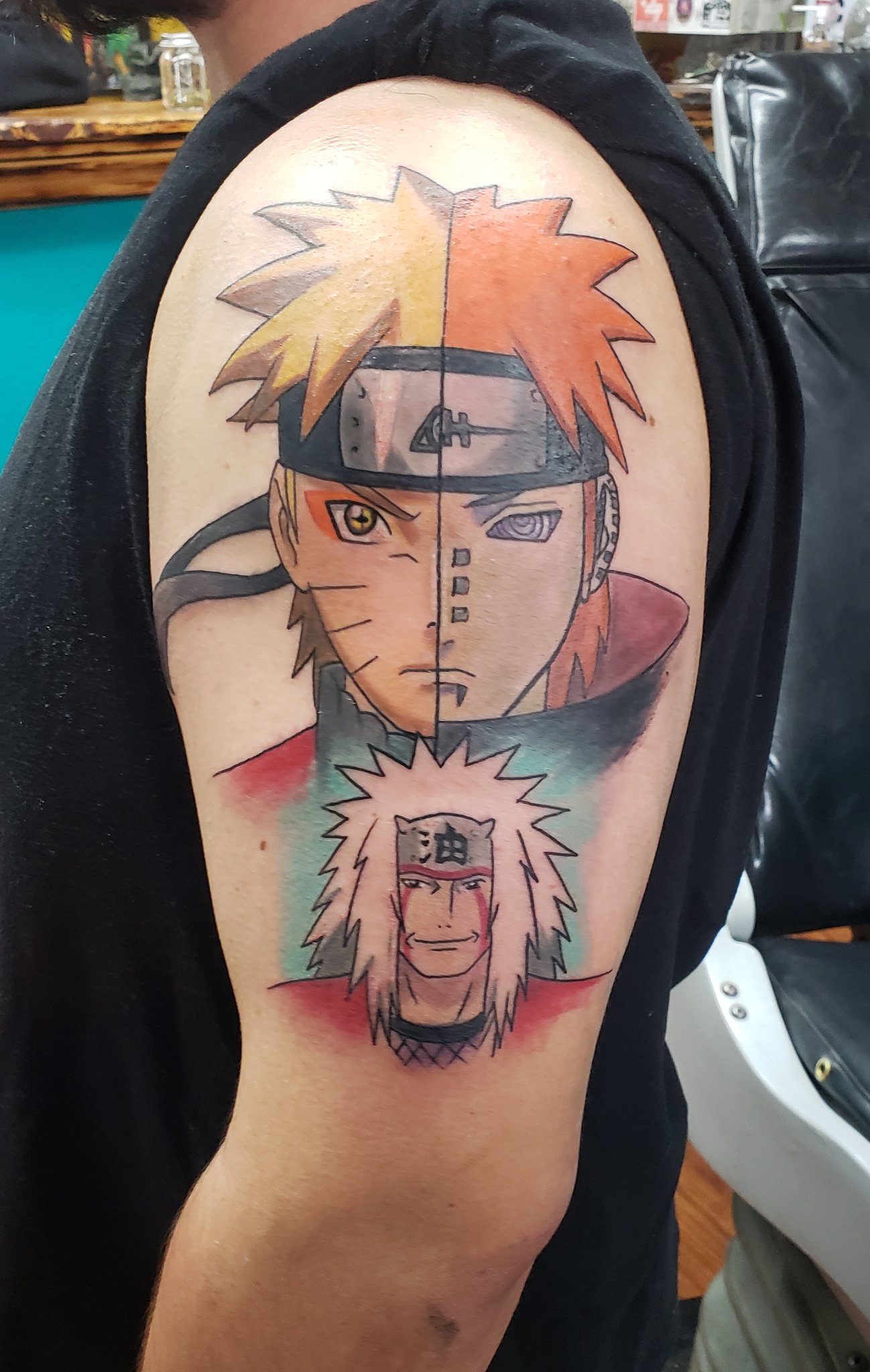 “It's fucking lit. #naruto #pain #jiraya #tattoo” .