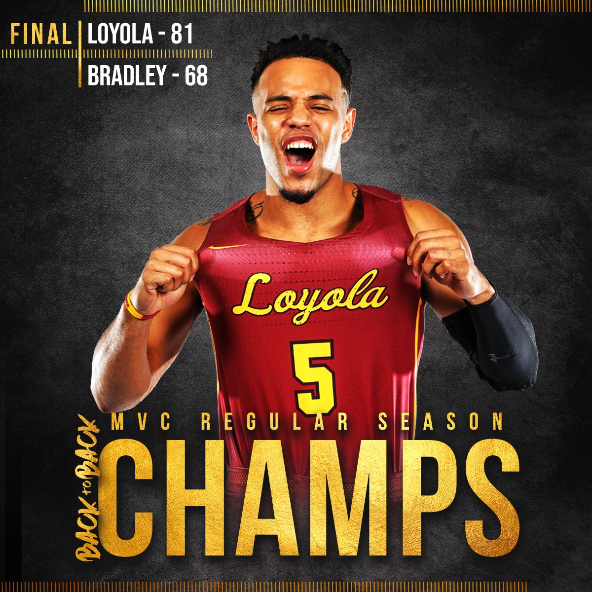 RamblersMBB's tweet photo. FINAL: #Ramblers knock off the Braves, 81-68!

Your #Loyola Ramblers are @ValleyHoops Regular Season Co-Champions! Catch us at Arch Madness next week as the tournament's No. 1⃣ seed! #OnwardLU https://t.co/jE69MFnD3U