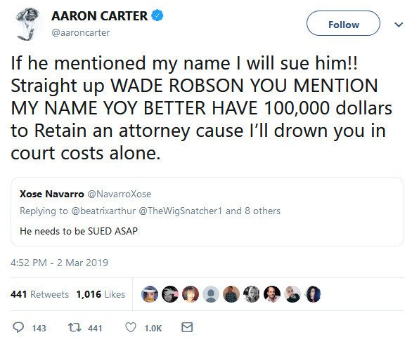 Yeah, it's becoming increasingly obvious that  @hbodocs /  @hbo didn't vet this story or these ppl first.  Aaron Carter just threatened to sue if his name is used in  #leavingneverland.  @cnn  @msnbc  @etnow  #afterneverland