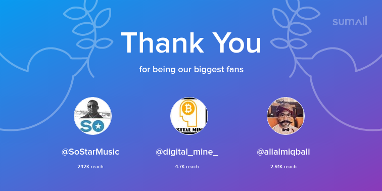 Our biggest fans this week: <a href="/SoStarMusic/">So-Star</a>, <a href="/digital_mine_/">digital mine ⚡🤖👨‍💻</a>, <a href="/alialmiqbali/">Ali Al Muqbali</a>. Thank you! via sumall.com/thankyou?utm_s…