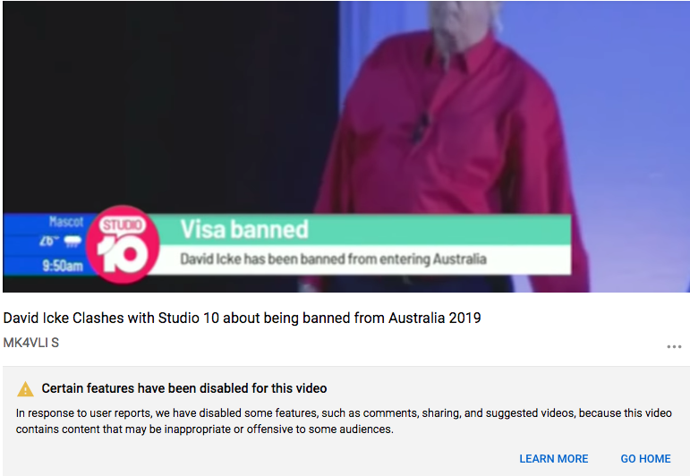 TeaconomistT's tweet photo. I'm not gonna lie, I'm not a fan of this censorship business on @YouTube. @davidicke is a bit out there with his views, but still, this censorship is too much. This warning that I came across worried me.
#FreeSpeech #Agree2Disagree #Tyranny #Orwellian #CommentsDisabled #YouTube https://t.co/3kwgs4xDKA